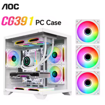 AOC CG391 boîtier PC MATX gaming, coque d’ordinateur avec vue panoramique, compatible refroidissement liquide 240 mm, 3 ventilateurs ARGB inclus